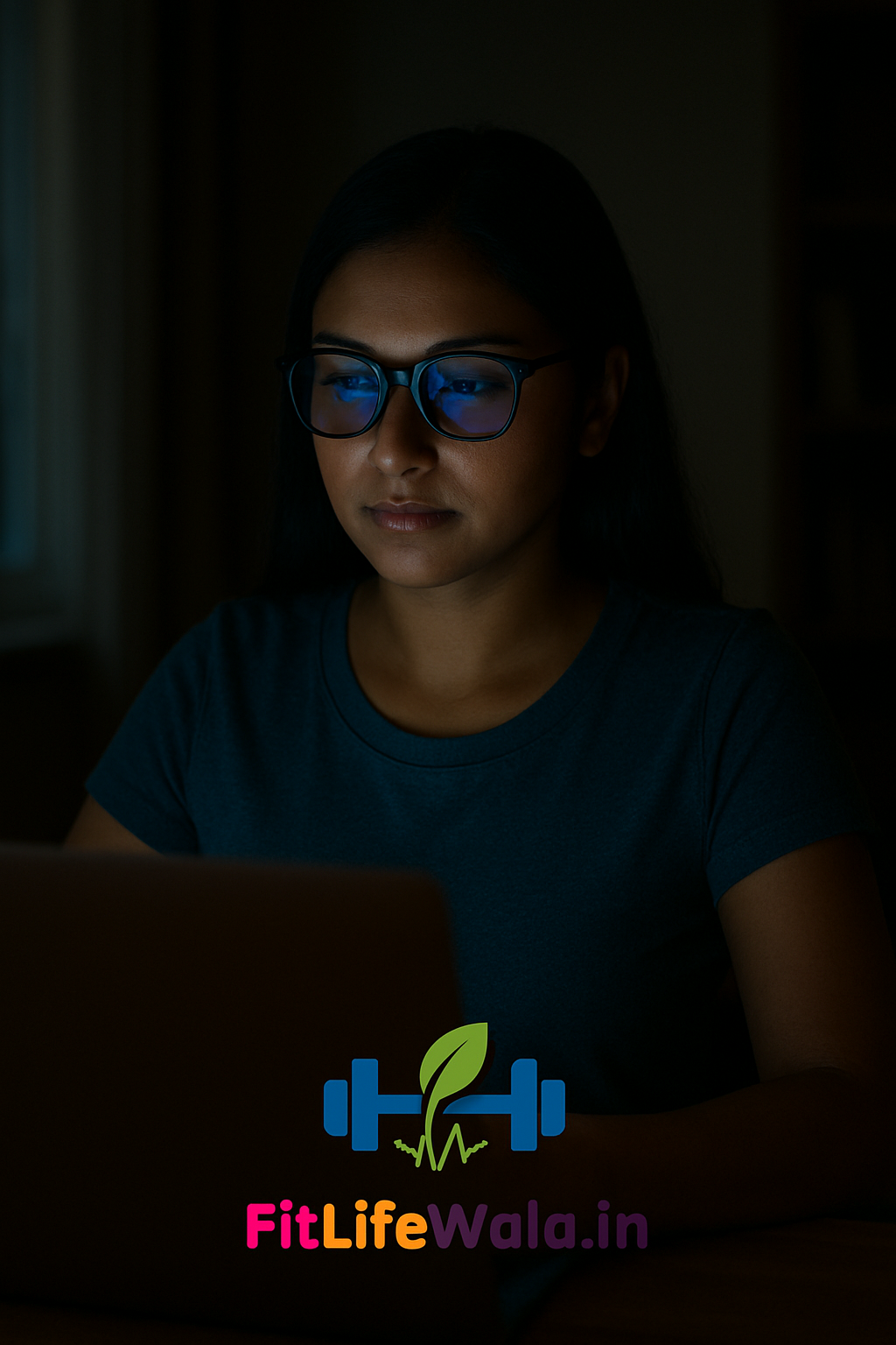 👉 “Professional using laptop with blue light glasses, FitLifeWala logo below.”